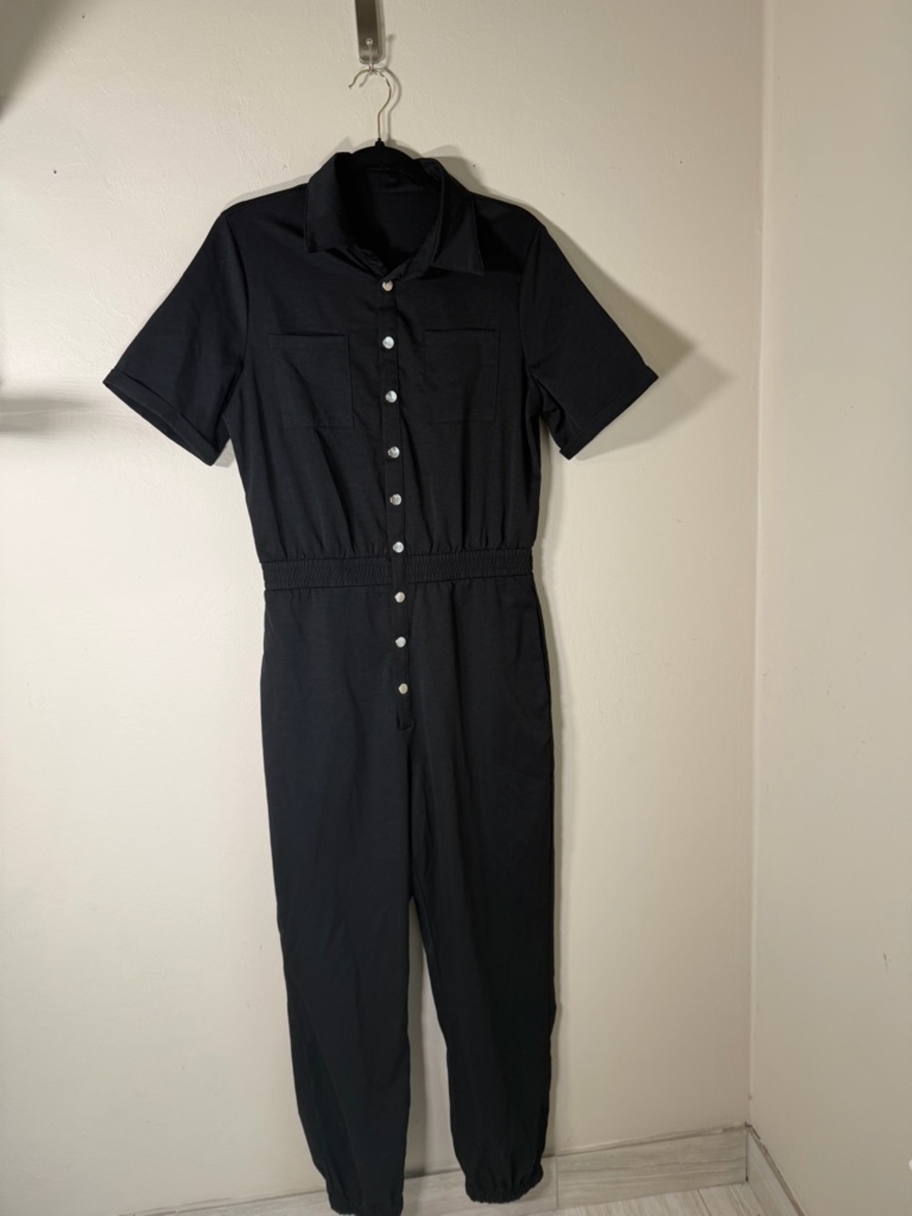 Black Short-Sleeve Button Front Jumpsuit